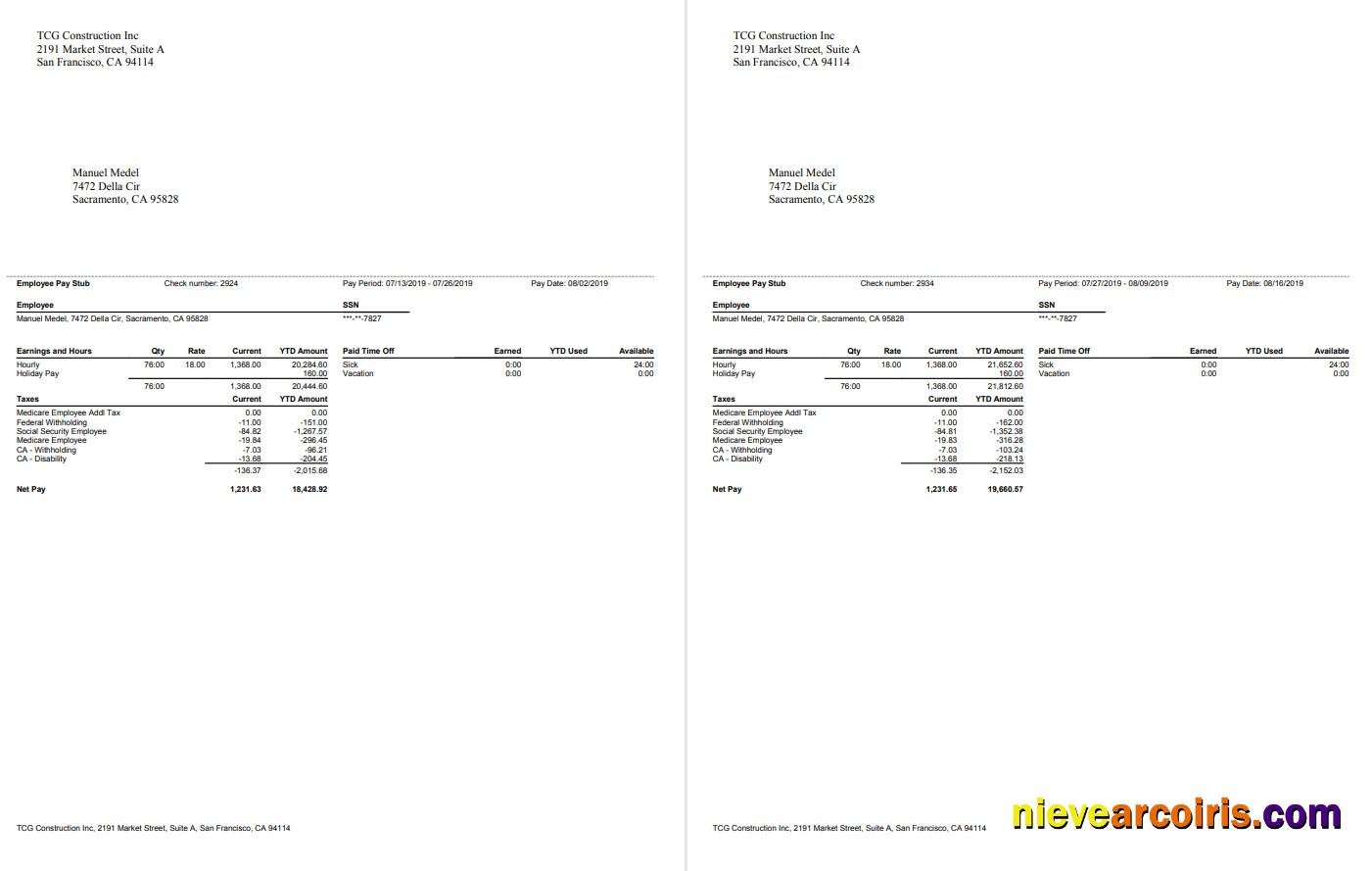 TCG Construction Inc. Employee Paystub